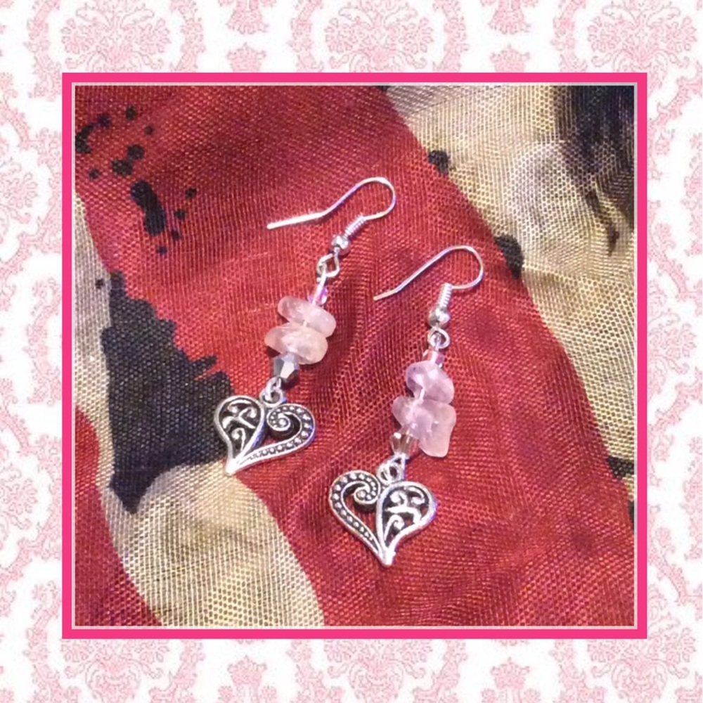 🌺 ROSE QUARTZ HEART DANGLE DROP EARRINGS BOHO LOVE PINK GEMSTONE GEM